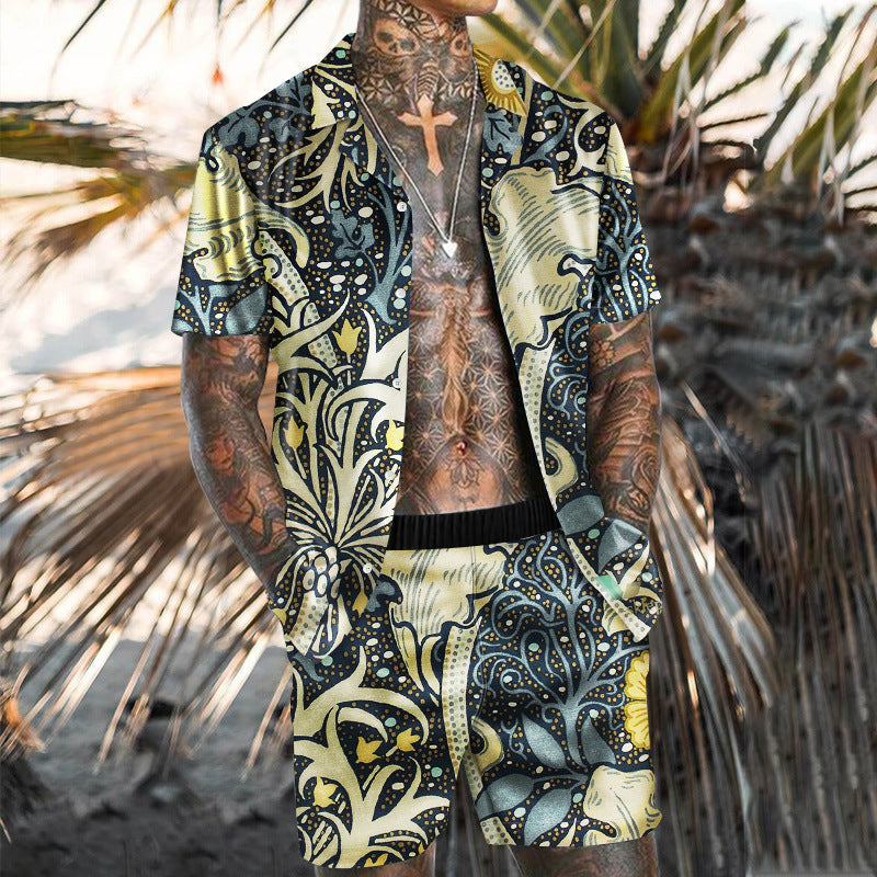 Summer Short Sleeve Shirt Suit Men Fashion Floral Print Hawaiian Shirts + Beach Shorts Casual Beach Clothing Sets Vetement Homme