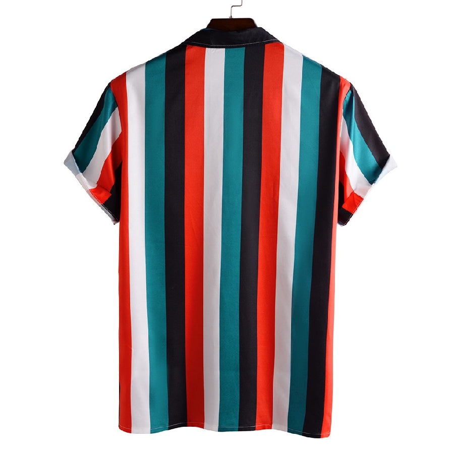 Summer Mens Shirt Top Casual Short Sleeve Hawaiian Shirts Stand Collar Strip Print Cool Thin Shirt Men