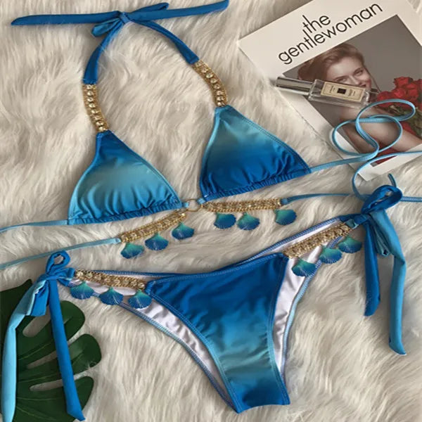 2023European and American Sexy Bikini Plain Female Split Strap Luxury Crystal Diamond Swimsuit Gold Accessories Swimwear CUT OUT