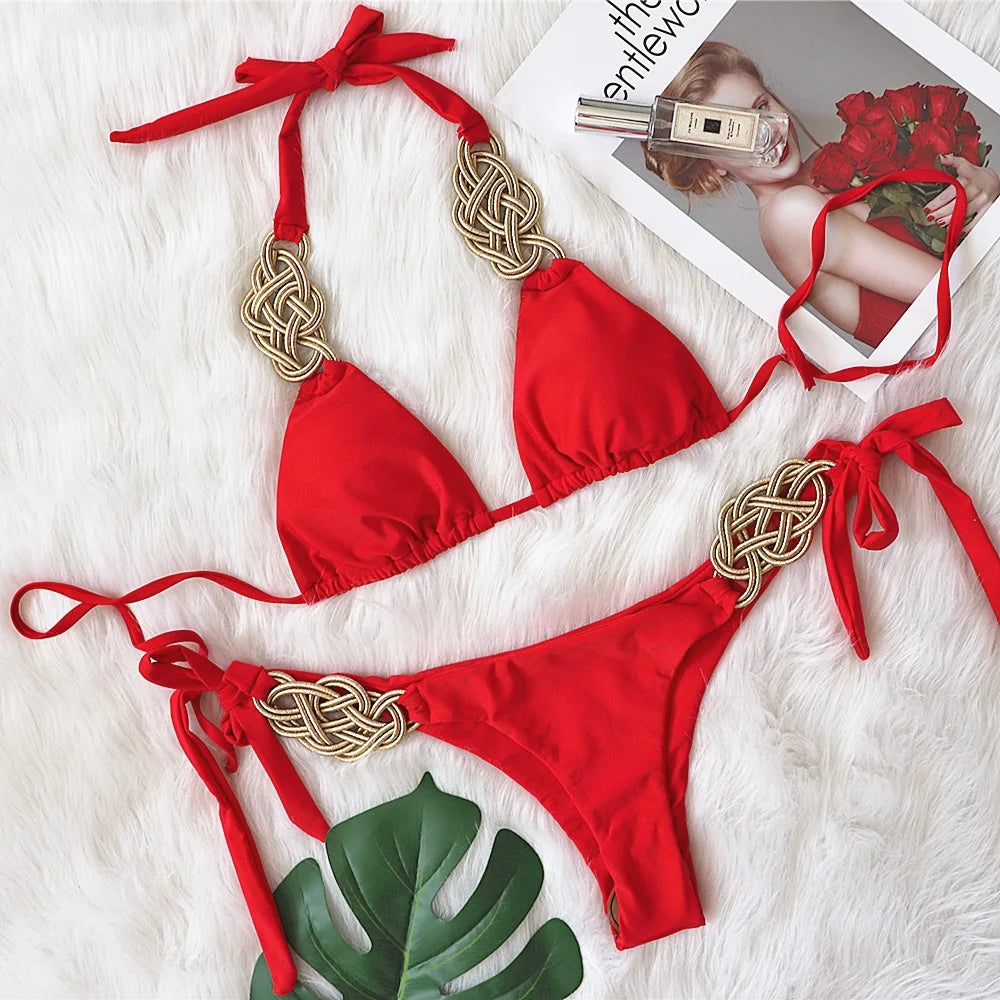 2023European and American Sexy Bikini Plain Female Split Strap Luxury Crystal Diamond Swimsuit Gold Accessories Swimwear CUT OUT