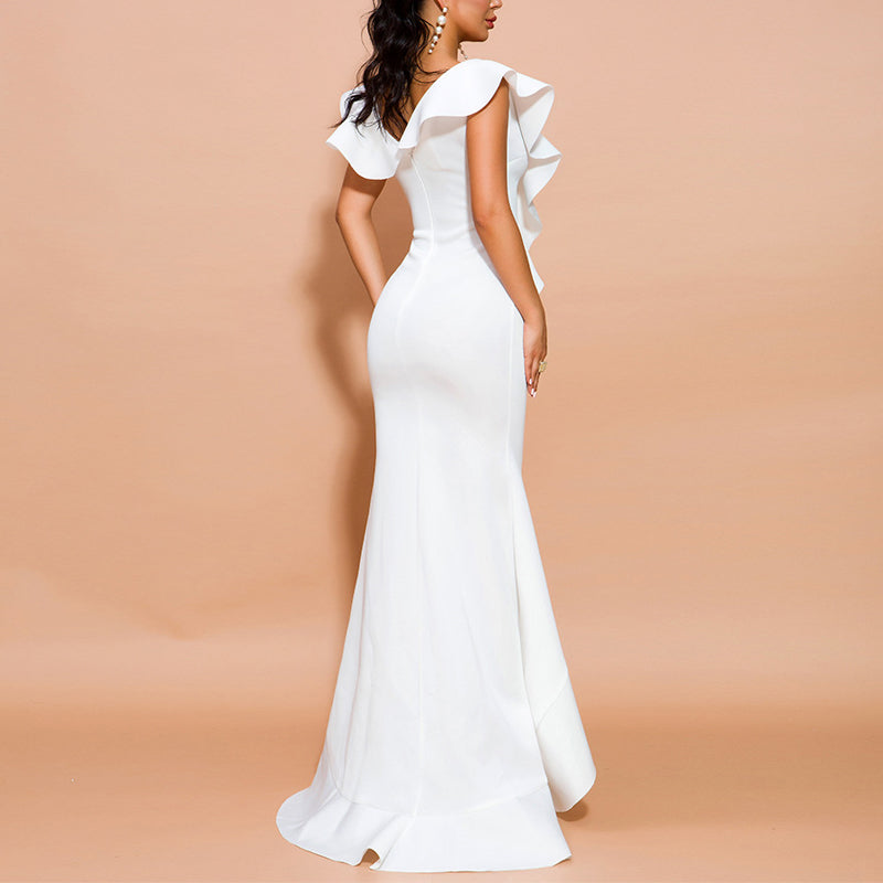 Women's Sexy Sleeveless Ruffles White Pencil V-Neck Gown Evening Party Dress