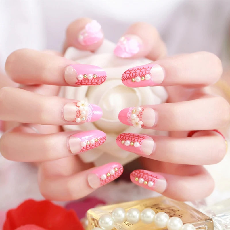 24pcs False Nails Floral Beads Decorated Artificial Nail Tips Bride Reusable Fingernails Fake Nail Press on Nail накладные ногти