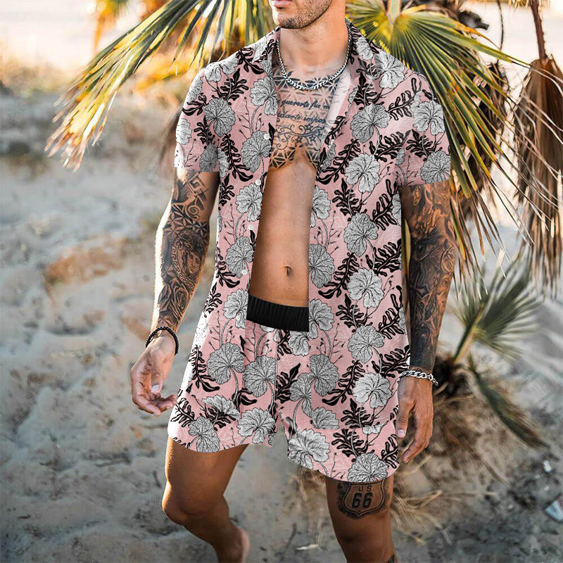 Summer Short Sleeve Shirt Suit Men Fashion Floral Print Hawaiian Shirts + Beach Shorts Casual Beach Clothing Sets Vetement Homme