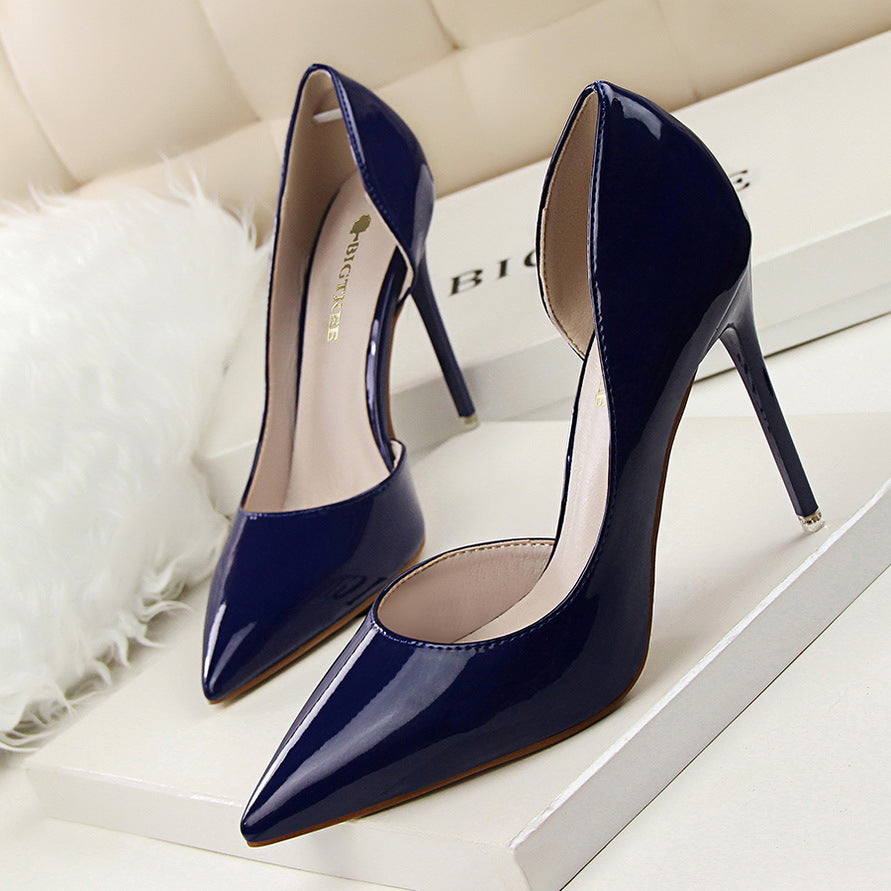 S4680F  Stylish Simple Stiletto High Heel Patent Leather Shallow Mouth Pointed Toe Hollow Sexy Girls Wedding Shoes