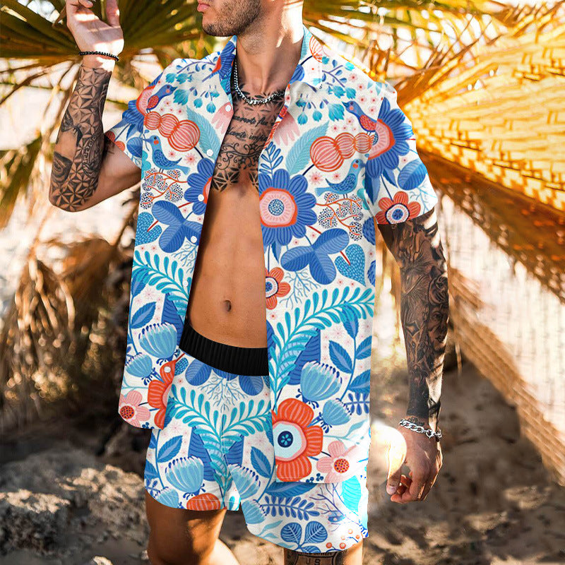 Summer Short Sleeve Shirt Suit Men Fashion Floral Print Hawaiian Shirts + Beach Shorts Casual Beach Clothing Sets Vetement Homme
