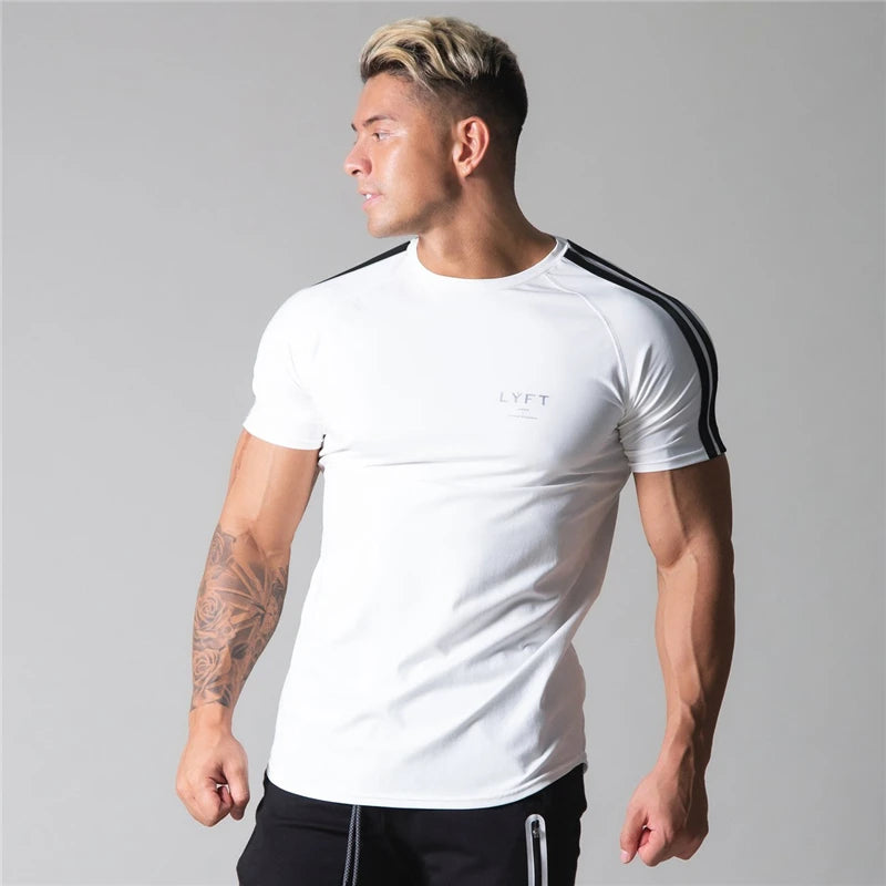 Side Striped GYM Running Men T Shirt Short Sleeve Sports T-Shirts Bodybuilding Fitness Mens Workout Cotton T-Shirt Men Shirt