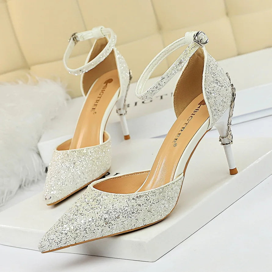 283-5 Luxurious Trendy Ladies Sandals Hollow Out Party Metal Heel Shiny Sequin Slip-On High Heel Sandals Wedding Shoes for Bride