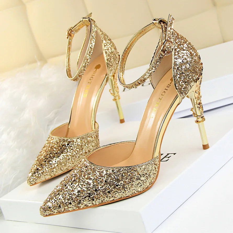 283-5 Luxurious Trendy Ladies Sandals Hollow Out Party Metal Heel Shiny Sequin Slip-On High Heel Sandals Wedding Shoes for Bride