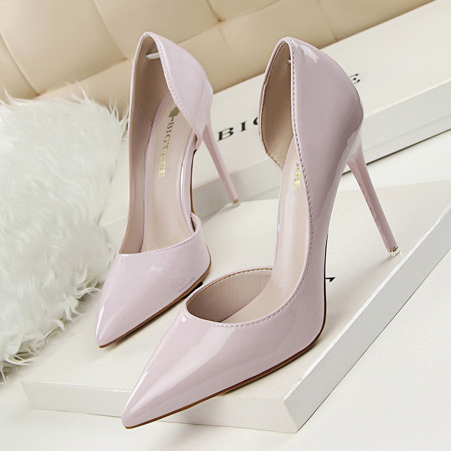 S4680F  Stylish Simple Stiletto High Heel Patent Leather Shallow Mouth Pointed Toe Hollow Sexy Girls Wedding Shoes