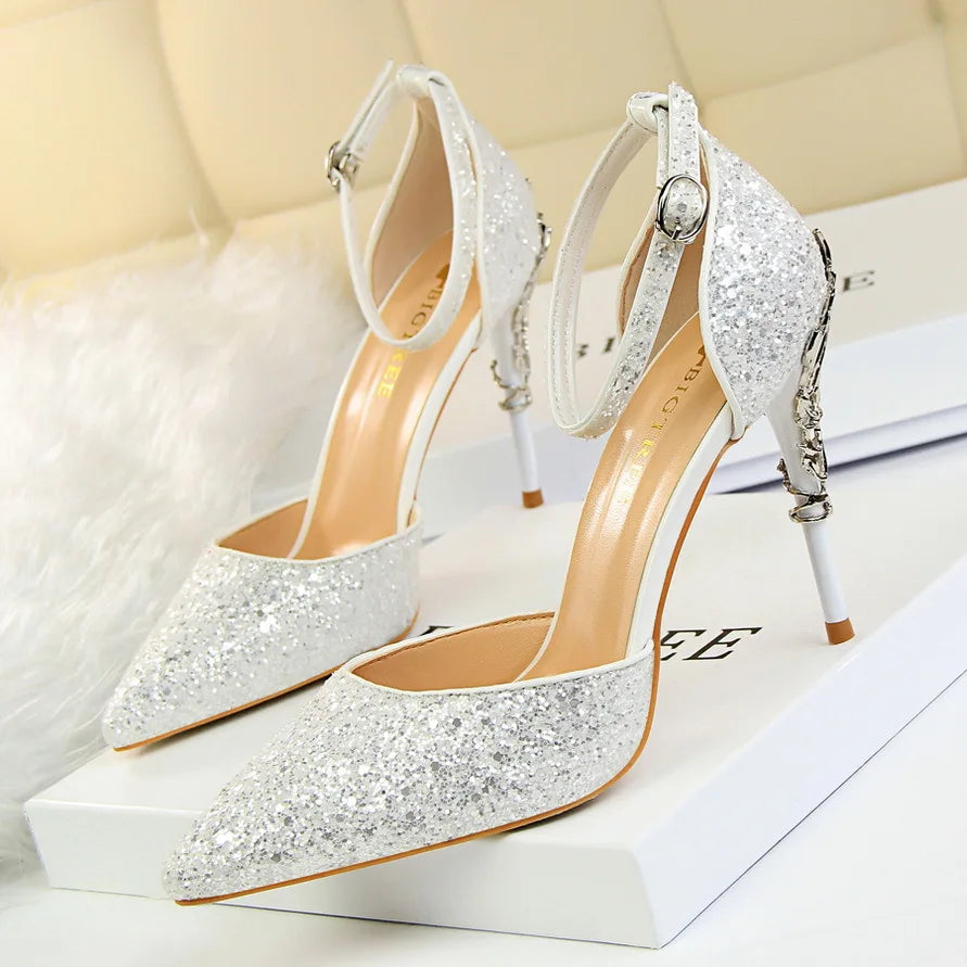 283-5 Luxurious Trendy Ladies Sandals Hollow Out Party Metal Heel Shiny Sequin Slip-On High Heel Sandals Wedding Shoes for Bride