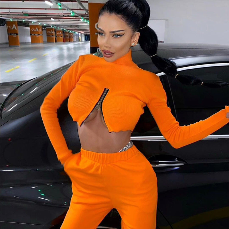 NS033 Orange 2022 New Zipper Wholesale Spring Women Tops T Shirts Sexy Sleeve Top
