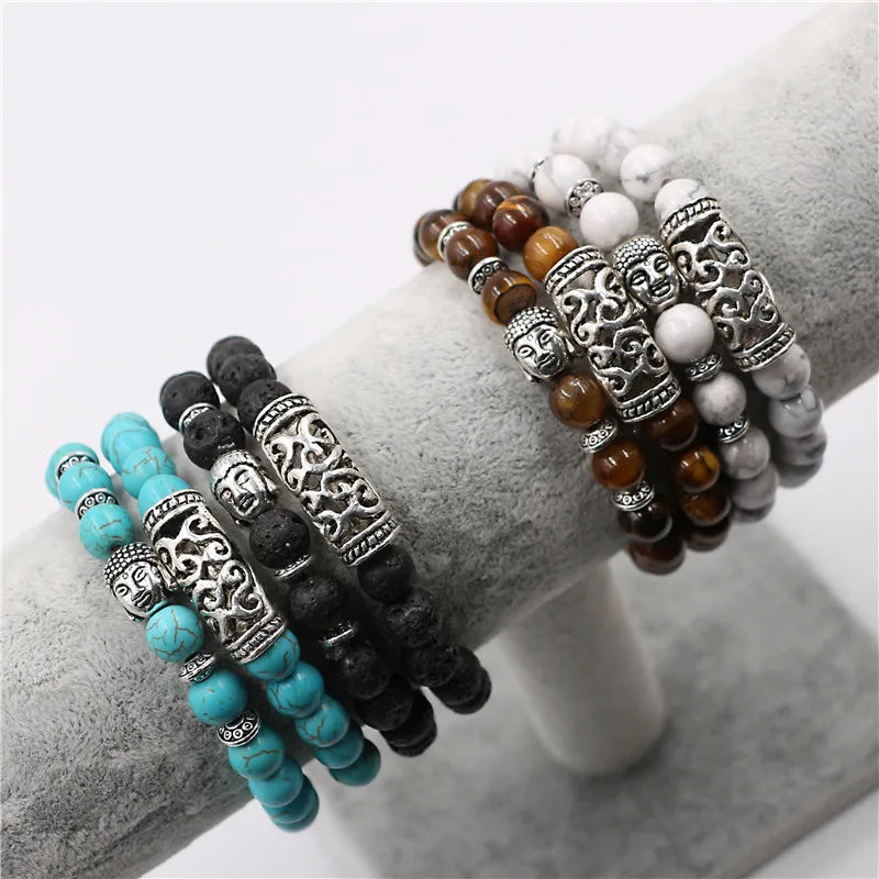 YIZIZAI 2Pcs/Set Tibetan Buddha Head Bracelet Jewelry Natural Stone Bead Bracelets Men Women Lava Onyx Turquoises Jewellry Gift
