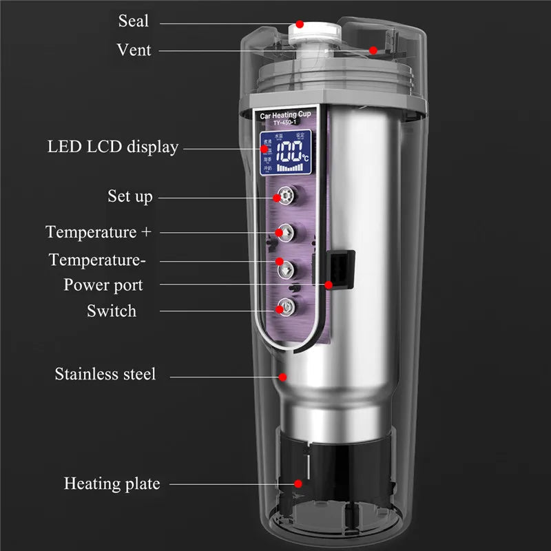 450ml Stainless Steel Car Heating Cup 12v/24v Electric Water Cup LCD Display Temperature Kettle Coffee Tea Milk Heated