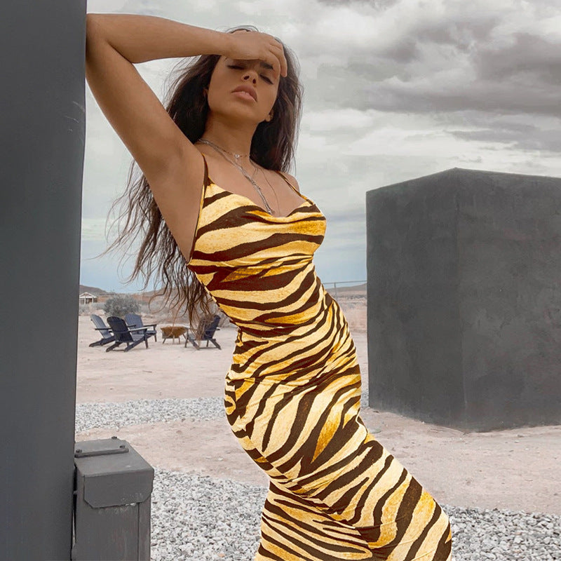 NS043 2022 Spring Summer Zebra Print Beach Dress Sexy Slim Slip Silk Maxi Dress Ladies