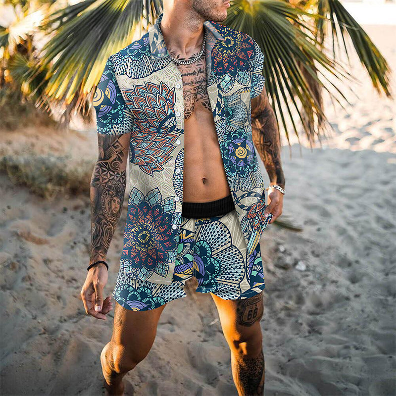 Summer Short Sleeve Shirt Suit Men Fashion Floral Print Hawaiian Shirts + Beach Shorts Casual Beach Clothing Sets Vetement Homme