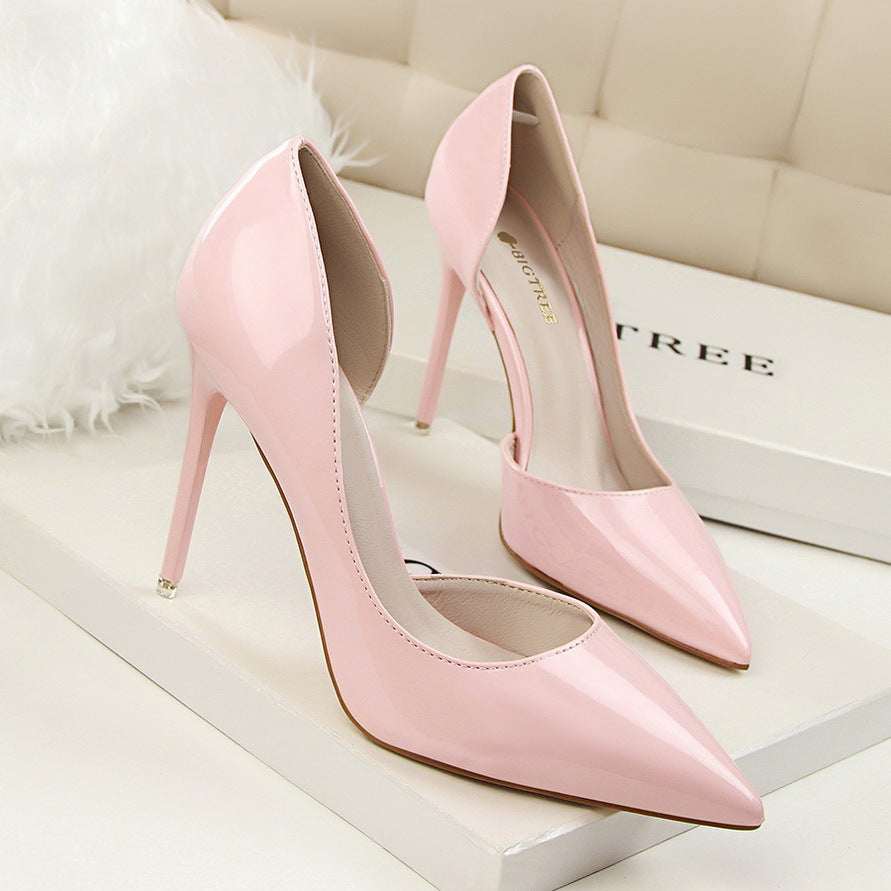 S4680F  Stylish Simple Stiletto High Heel Patent Leather Shallow Mouth Pointed Toe Hollow Sexy Girls Wedding Shoes