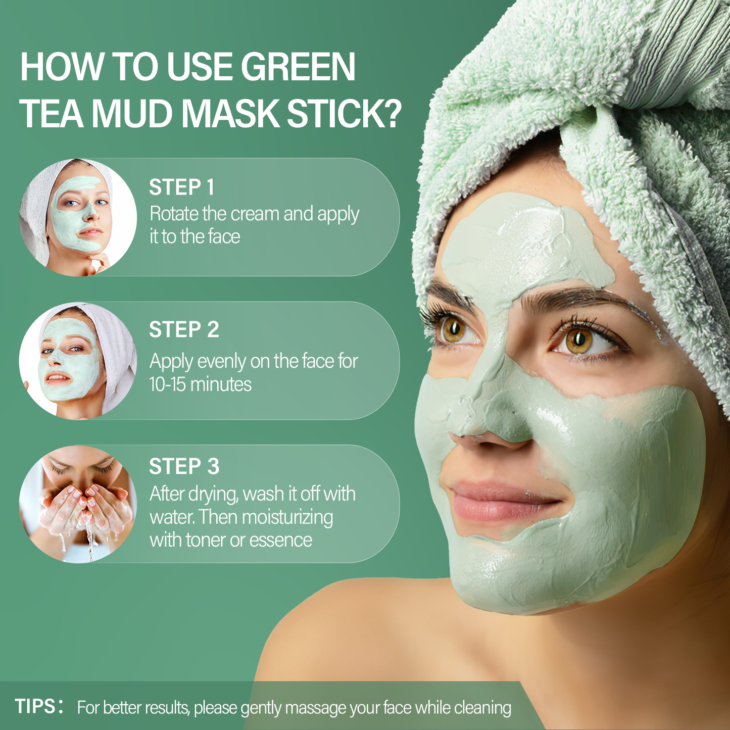Own Brand Skin Repair and Acne Removing Organic Green Tea Facial Mask Mud Stick Customized Package Female Beauty Products 100pcs