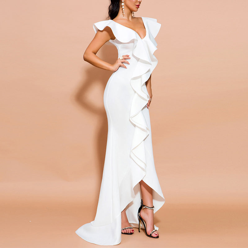 Women's Sexy Sleeveless Ruffles White Pencil V-Neck Gown Evening Party Dress