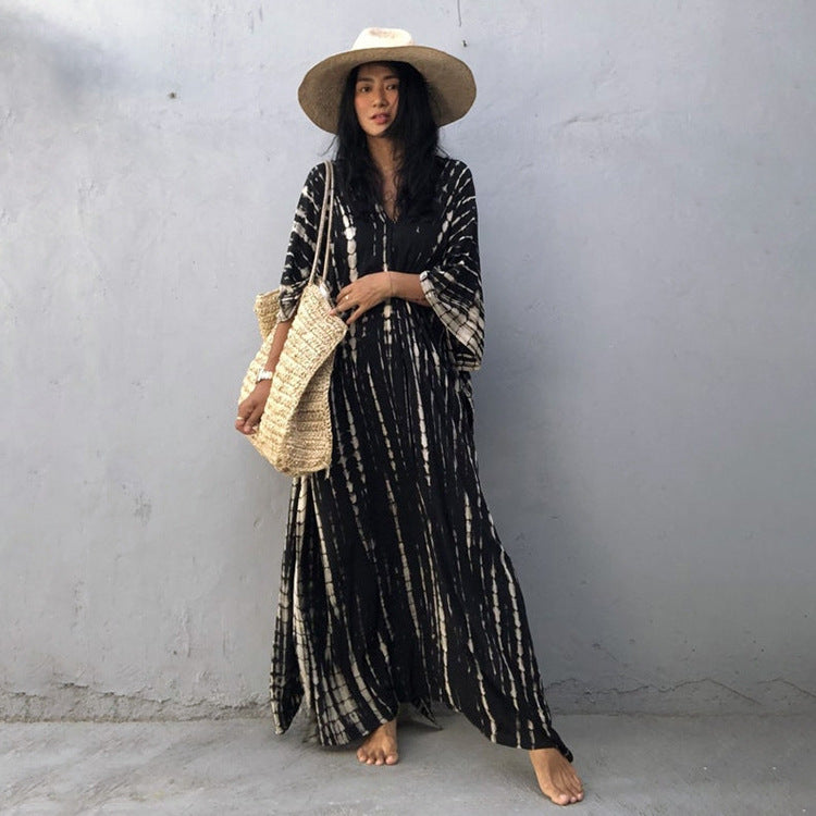 Wholesale Tie Dye Boho Kimono Beach Cover Up Cotton Sarong Beachwear Dress Ladies Kaftan