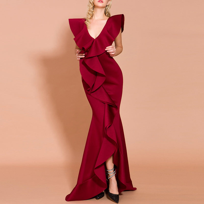 Women's Sexy Sleeveless Ruffles White Pencil V-Neck Gown Evening Party Dress