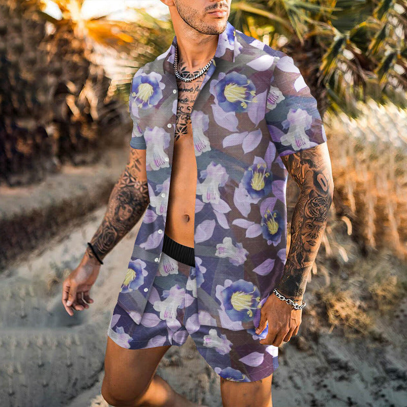 Summer Short Sleeve Shirt Suit Men Fashion Floral Print Hawaiian Shirts + Beach Shorts Casual Beach Clothing Sets Vetement Homme