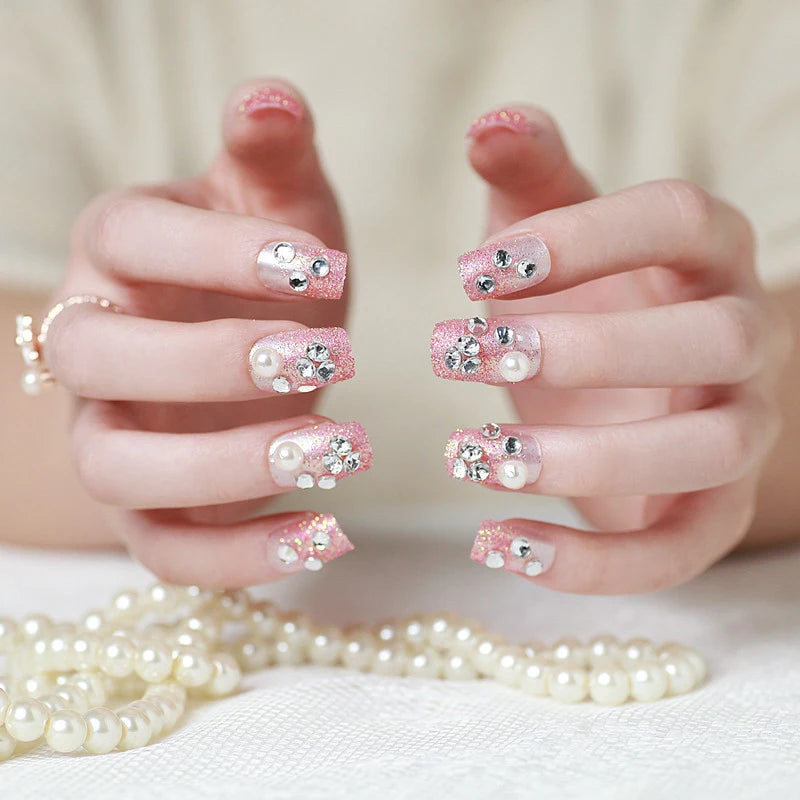 24pcs False Nails Floral Beads Decorated Artificial Nail Tips Bride Reusable Fingernails Fake Nail Press on Nail накладные ногти