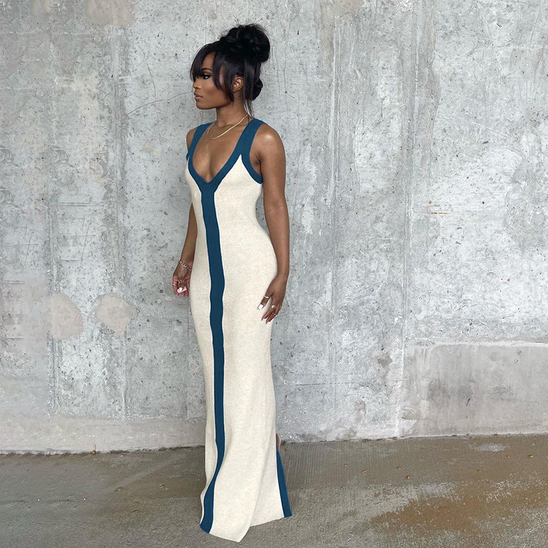 Fashion Sexy Slit One Piece Dress Ribbed Beach Long Dresses Women