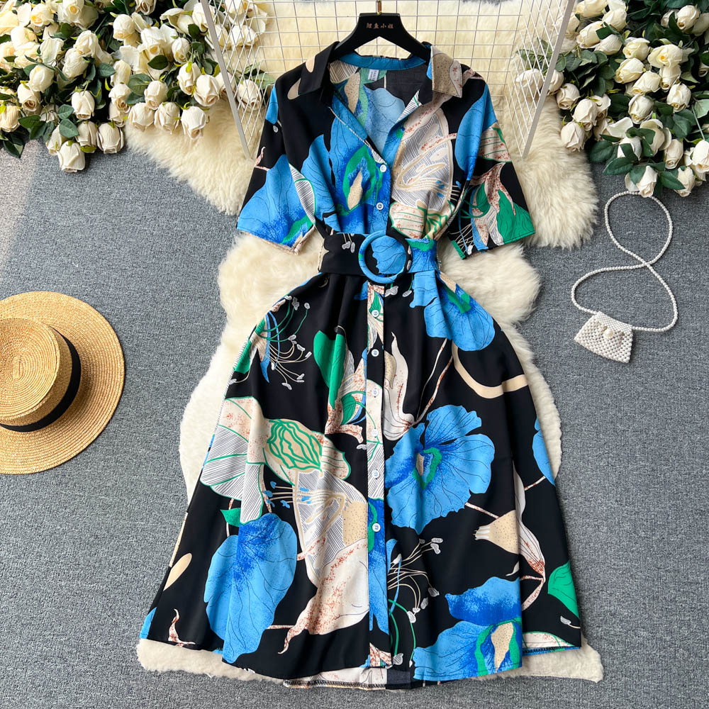 New 2023 Floral Sexy Slash Neck One Shoulder Elegant Vacation Chiffon Ruffle Dress