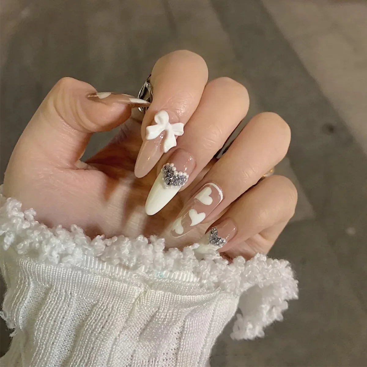 24pcs False Nails Floral Beads Decorated Artificial Nail Tips Bride Reusable Fingernails Fake Nail Press on Nail накладные ногти