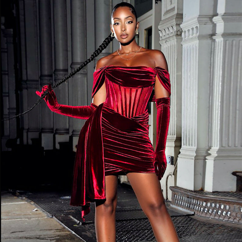 2023 Newest Christmas Red Off Shoulder Pleated Dress Women Mini Dress Lady Slim Fit Party Dress