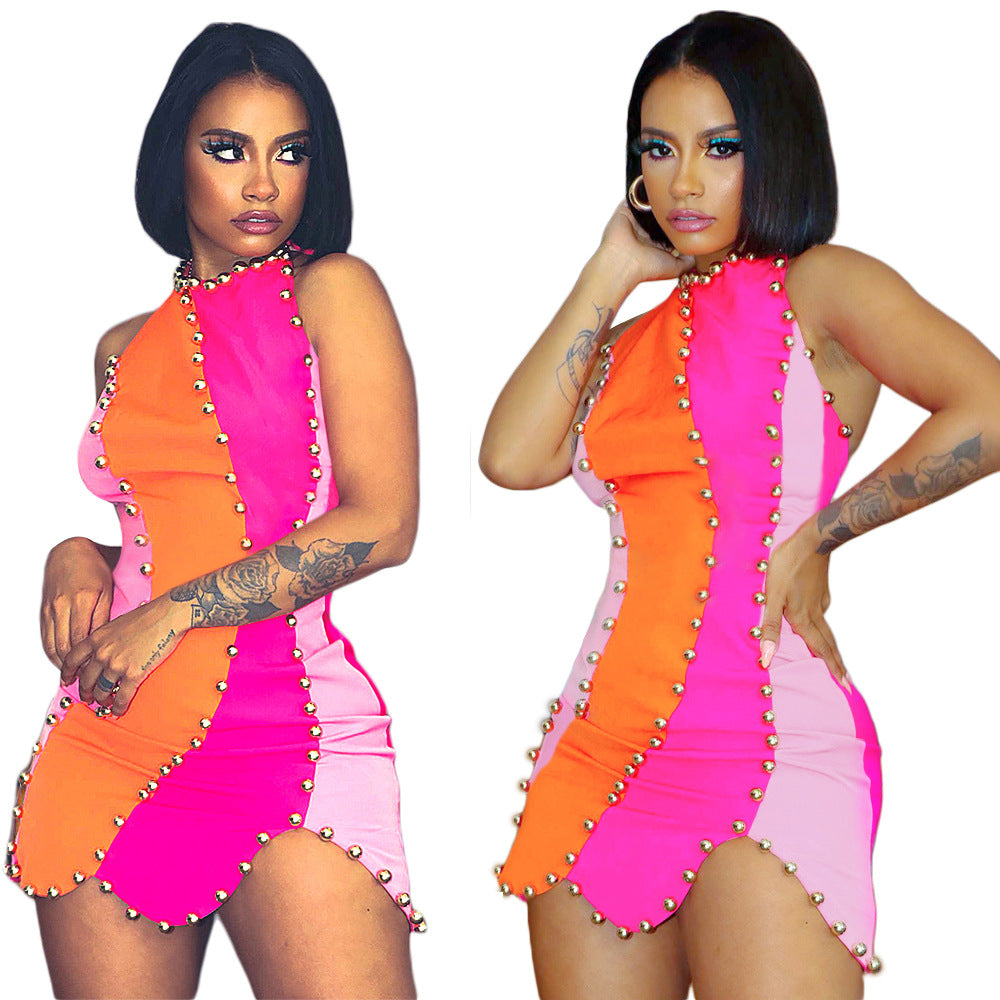 Woman Pencil Patchwork Dress Sexy Sleeveless Rivet Skinny Dress Fashion Clothing