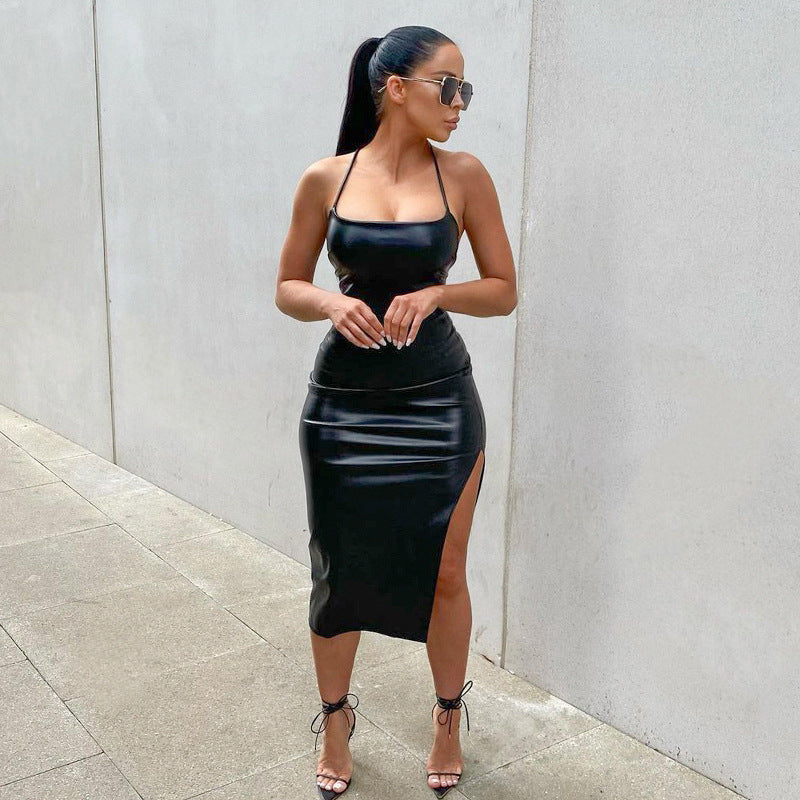 New Trendy Bandage Backless Bodycon Solid Split Women Night Dress Sexy Summer Night Dress for Ladies Dresses Women