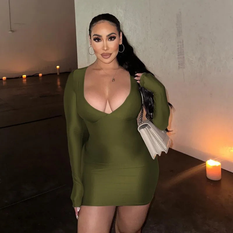 39033 Low Collar Wrap Dress Party Night Club Long Sleeve Solid Color Dresses Boutique