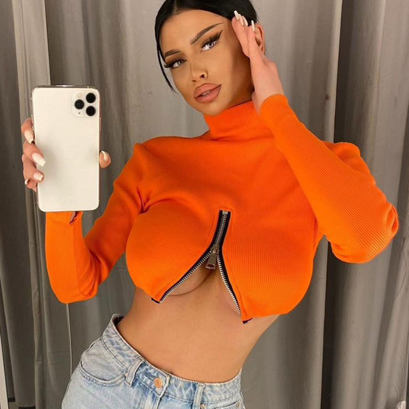 NS033 Orange 2022 New Zipper Wholesale Spring Women Tops T Shirts Sexy Sleeve Top
