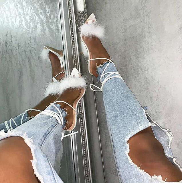 Feather Strap Ladies Fur Shoes Transparent Crystal High Lace Up Heels Pointed Ladies High Heel Sandals