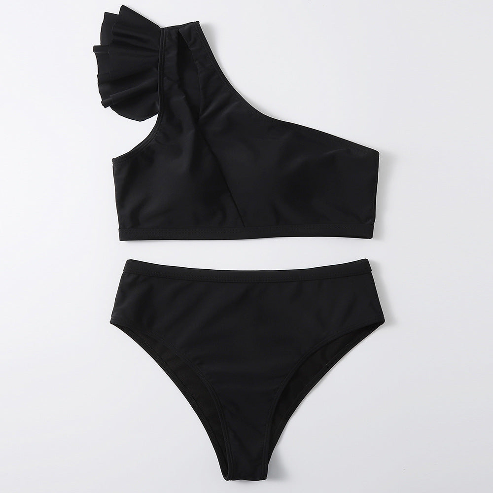 Sexy Figure-Hugging Ruffle Trim One Shoulder Top Cover Up Swimsuit Custom Bikini Swimwear Solid High Waist Swimwear Women