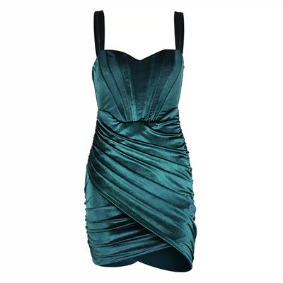 Sexy Sleeveless Zipper Velvet Bandage Slim Dresses High Quality Women Pleated Club Dress