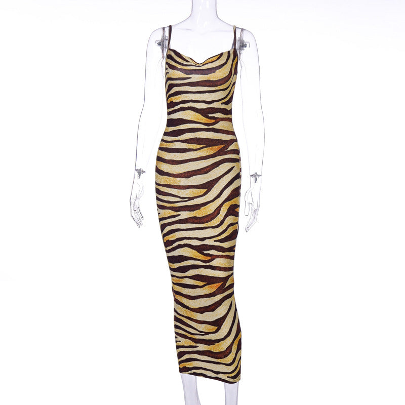NS043 2022 Spring Summer Zebra Print Beach Dress Sexy Slim Slip Silk Maxi Dress Ladies