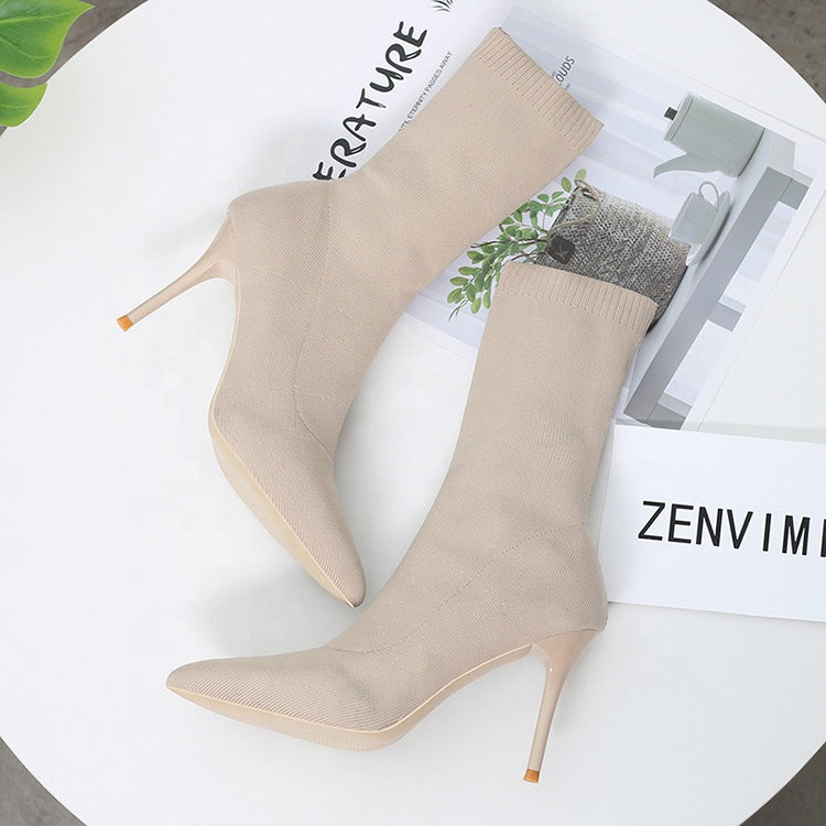 Winter Fashion Pointed Toe Elastic Sock Boots Women Sexy High Heel Ankle Boots