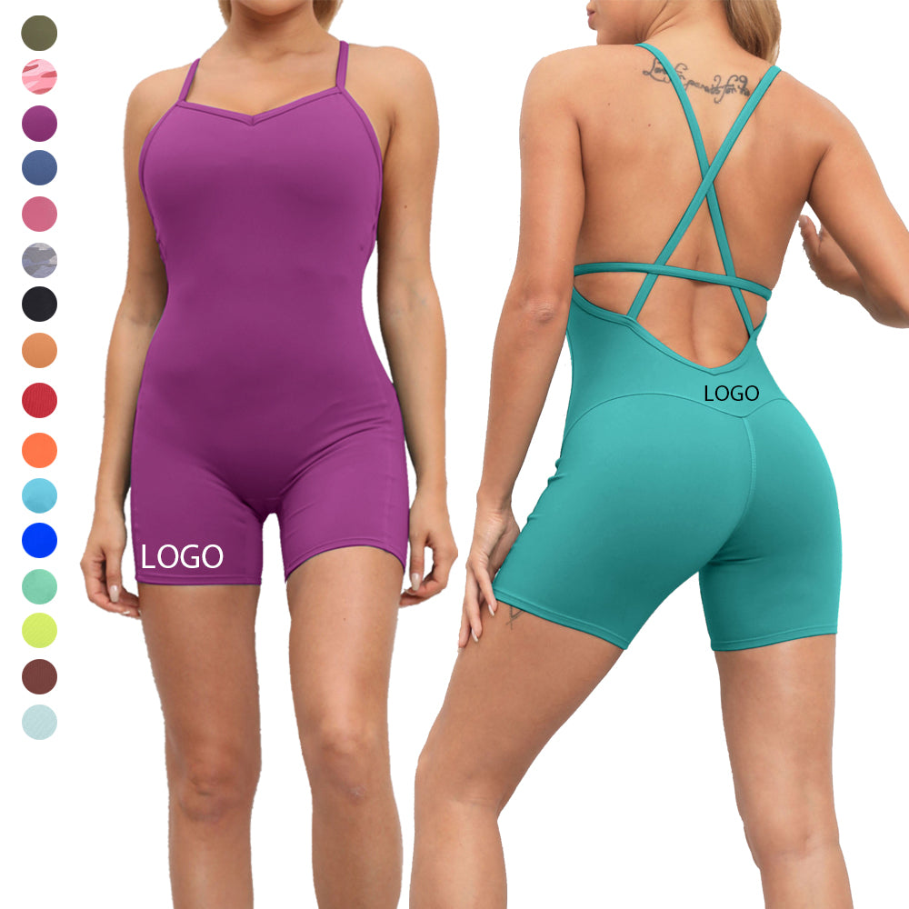 2022 Tik Tok Custom Logo Workout Solid Fitness Wear Bodysuits Summer Rompers for Women Plus Size Jumpsuits Lady Jumpsuit
