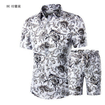 Summer Fashion Hawaiian Clothing Mens Shirt Sets Male Floral Print Shirts+Shorts Set Men Beach Casual Short Sleeve 2 Pieces Sets