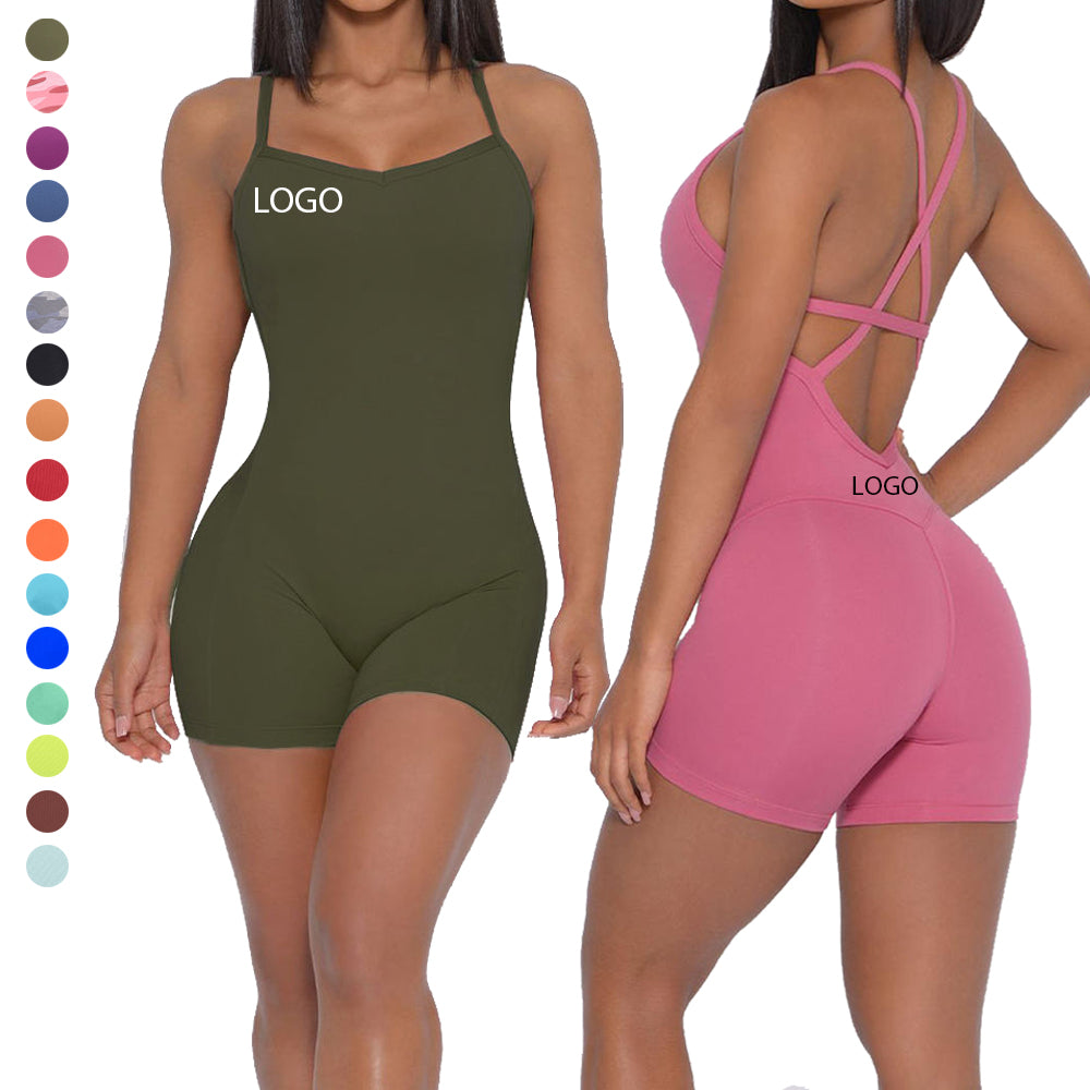2022 Tik Tok Custom Logo Workout Solid Fitness Wear Bodysuits Summer Rompers for Women Plus Size Jumpsuits Lady Jumpsuit