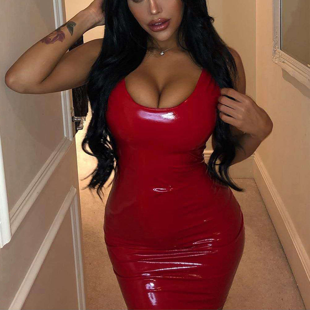 Pu Leather Dress Women Summer Sleeveless Sexy Low Cut Dress Woman Party Night Club Wear Slim Fit Bodycon Dress