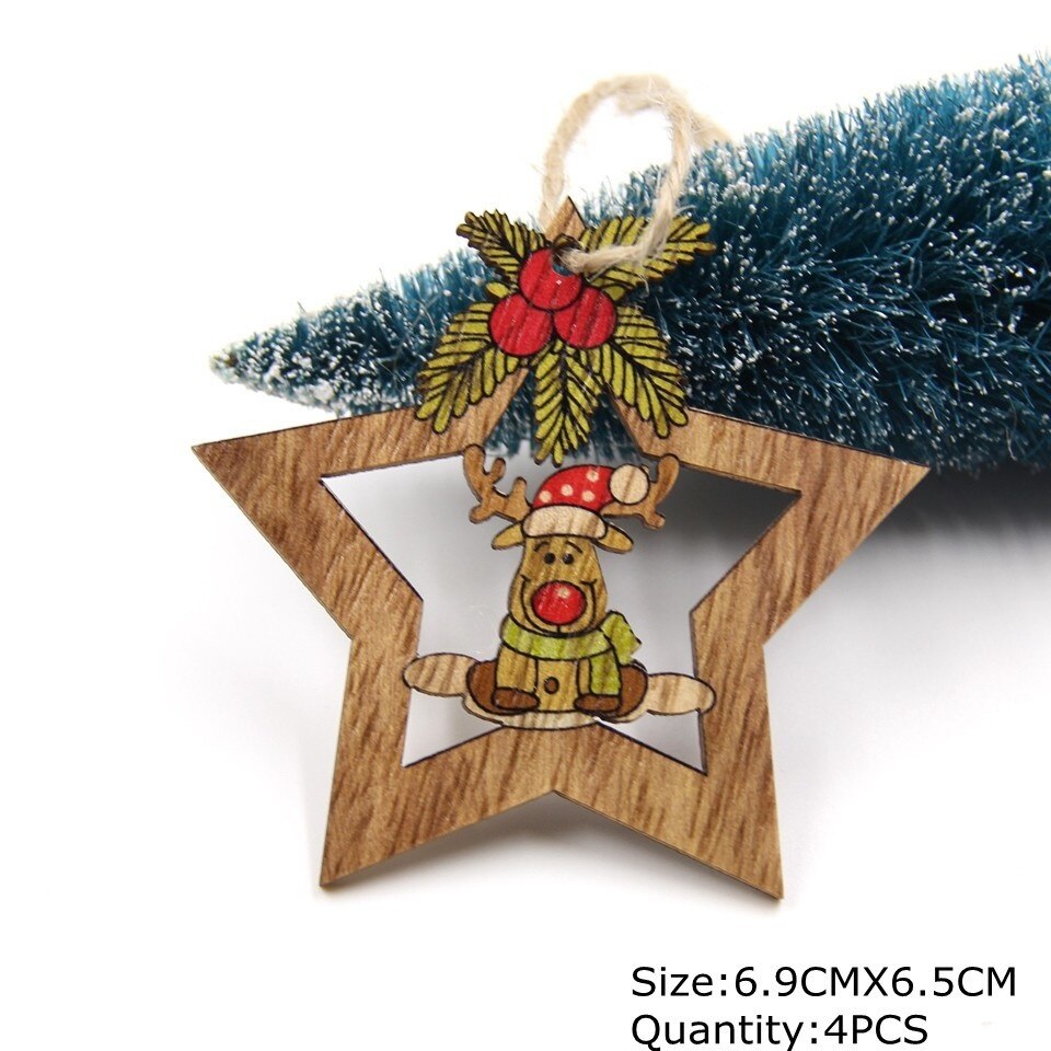 1SET Star Printed Wooden Pendant Ornaments Xmas Tree Ornament DIY Wood Crafts Kids Gift for Home Christmas Party Decoration