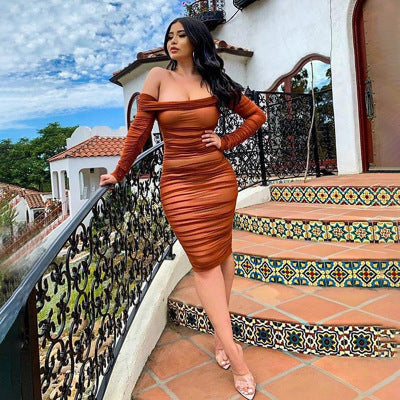 New Women's Solid Color Sexy Slim Party Long Sleeve One Shoulder Pleated Early Spring Dress