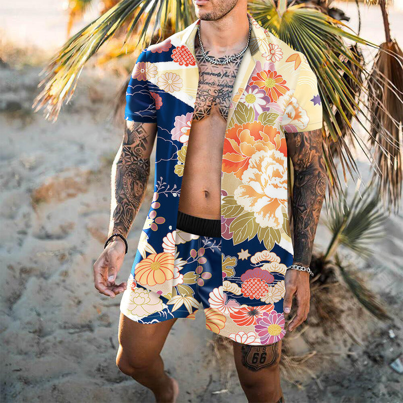 Summer Short Sleeve Shirt Suit Men Fashion Floral Print Hawaiian Shirts + Beach Shorts Casual Beach Clothing Sets Vetement Homme