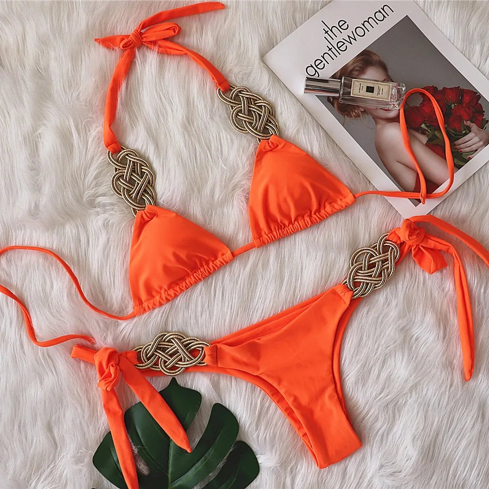 2023European and American Sexy Bikini Plain Female Split Strap Luxury Crystal Diamond Swimsuit Gold Accessories Swimwear CUT OUT