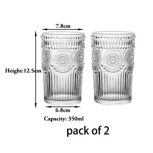 2PCS Romantic Water Glasses, Drinking Glasses Tumblers, Vintage Glassware Set for Juice, Beverages, Beer, Cocktail