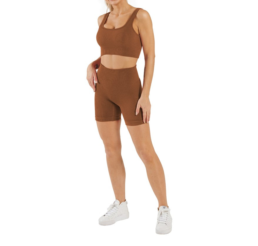 Women Seamless Active Wear Ribbed Fitness Gym Wear Square-Neck Bra Workout Shorts Two Pieces Yoga Set