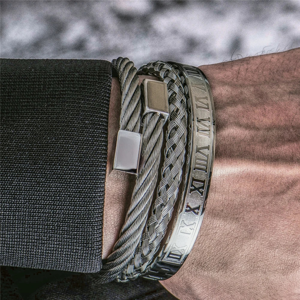 Luxury Roman Number Charm Woven Stainless Steel Bracelet Hip Hop Men Jewelry Gold Color Jewelry for  Men Pulseira Bileklik